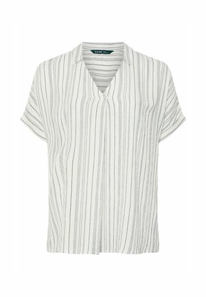 Weiße kurzärmelige Bluse mit vertikalen dünnen schwarzen Streifen und einem V-Ausschnitt, in lockerer, entspannter Passform.