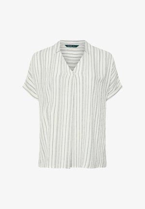 Weiße kurzärmelige Bluse mit vertikalen dünnen schwarzen Streifen und einem V-Ausschnitt, in lockerer, entspannter Passform.