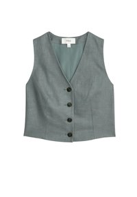 Grauer ärmelloser Pullover mit V-Ausschnitt, sechs braunen Knöpfen und einer glatten Textur. Hat ein schlichtes Design und ein kontrastierendes helles Innenfutter.