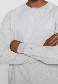 Sweat-shirt gris clair avec un col rond, des manches raglan, et un logo discret sur le poignet. Texture douce avec une finition lisse.