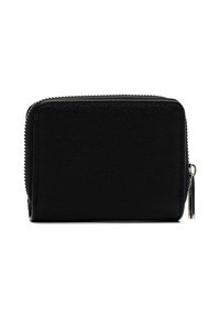 Sort læderpung med tekstureret overflade, rektangulær form, lynlås hele vejen rundt og sølvfarvede hardware-detaljer.