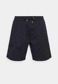 Shorts de bain noirs pour hommes avec taille élastique et cordon de serrage à l'avant, longueur mi-cuisse, tissu lisse, sans logos ni motifs visibles.