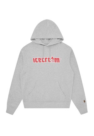 Lichtgrijze hoodie met rode "icecream" tekst en afbeelding op de borst, kangoeroezak en een klein patch van een ijsje op de linker mouw.
