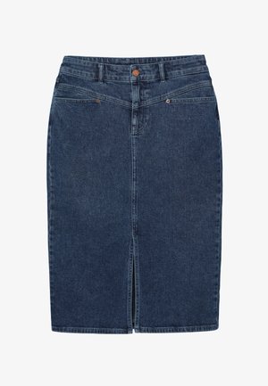 Donkerblauwe denim kokerrok met een split aan de voorkant, riemlussen, metalen knoop en twee voorzakken.