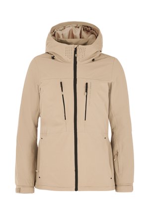Beige waterdichte jas met capuchon, voorzien van twee voorzakken met rits, een rits aan de voorkant en ventilatieopeningen op de capuchon. Gestructureerde stof.