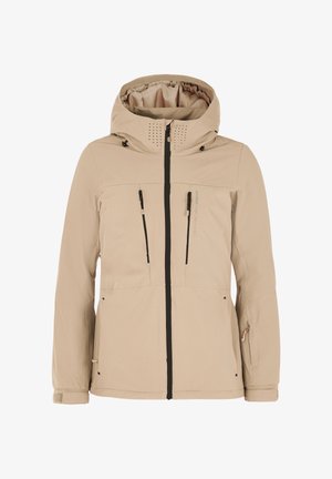 Beige waterdichte jas met capuchon, voorzien van twee voorzakken met rits, een rits aan de voorkant en ventilatieopeningen op de capuchon. Gestructureerde stof.