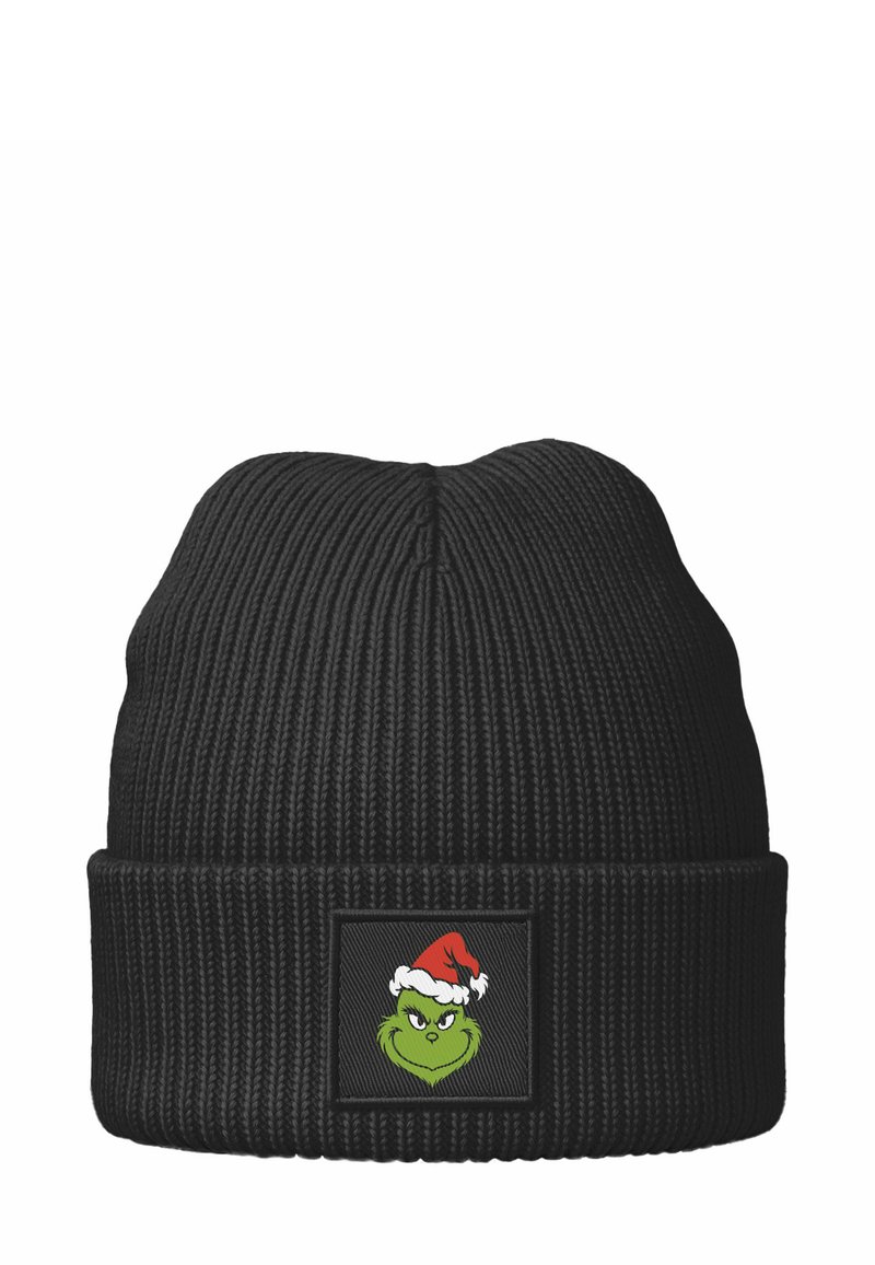 Schwarze gestrickte Mütze mit geripptem Muster und umklappbarem Bündchen. Verziert mit einem Aufnäher, der den Grinch mit Weihnachtsmütze zeigt.