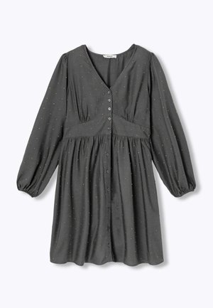 Robe grise à bouton-pression à l'avant, manches longues bouffantes, décolleté en V et taille froncée, avec de petits points orange répartis sur tout le tissu.