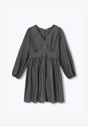 Robe grise à bouton-pression à l'avant, manches longues bouffantes, décolleté en V et taille froncée, avec de petits points orange répartis sur tout le tissu.