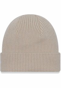 Beige knit beanie with a ribbed texture and folded cuff. Made from soft material, featuring a simple, unadorned design.