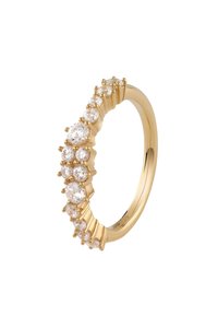 Goldring mit gewelltem Design, geschmückt mit mehreren runden, klaren Kristallen, die in detailreichen Krappen gefasst sind und Textur sowie Glanz hervorheben.