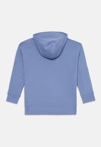 Huppari vaaleansinisestä puuvillasta, jossa on pitkät hihat, ribbaavat hihansuut ja vyötärö. Liukas pinta ja minimaalinen yksityiskohta selässä.