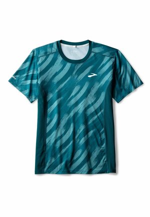 T-shirt de sport bleu-vert avec un motif de vagues dans des nuances variées. Manches courtes, col ras du cou et tissu anti-humidité pour une performance optimale.