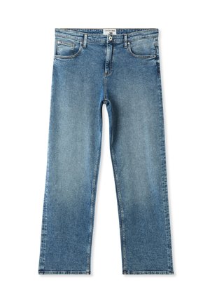 Jeans in denim blu con taglio dritto, cinque tasche e chiusura a bottone. Lavaggio chiaro con leggere sfumature e dettagli di cucitura.