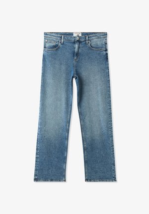 Jeans in denim blu con taglio dritto, cinque tasche e chiusura a bottone. Lavaggio chiaro con leggere sfumature e dettagli di cucitura.