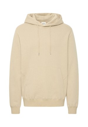 Helles beige Hoodie mit einer Tasche auf der Vorderseite, verstellbaren Kordeln und gerippten Bündchen und Saum. Einfaches, lässiges Design, das sich für den Alltag eignet.