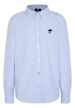 Button-up shirt in light blue with white stripes, featuring long sleeves, a button-down collar, and a logo on the chest.
