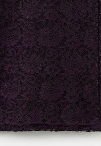 Purple lace fabric featuring a paisley pattern with floral accents. Distinct texture with a delicate, sheer appearance, edged with a fine trim.