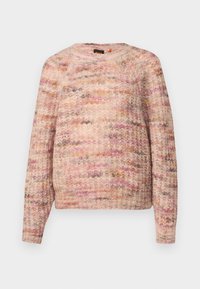 Sweter z dzianiny w kolorze różowym i beżowym z fakturowanym wzorem, posiadający długie rękawy i okrągły dekolt. Miękki, ciepły materiał.