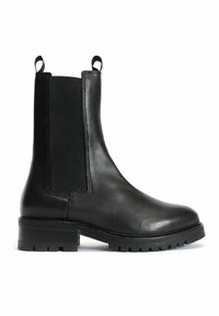 Black leather Chelsea boot with elastic side panels, round toe, and chunky rubber sole. Features pull tabs for easy wear.