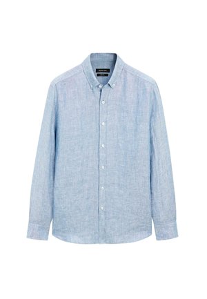 Light blue, long-sleeve button-up shirt made from a textured fabric. Features a button-down collar and front placket with white buttons.