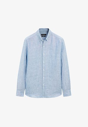 Himmelblaues, langärmliges Hemd mit Knöpfen aus einem strukturierten Stoff. Verfügt über einen Button-Down-Kragen und eine vordere Leiste mit weißen Knöpfen.