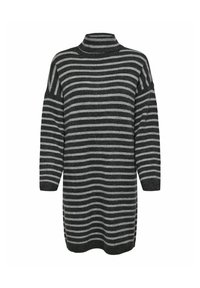 Vestido de suéter a rayas en gris oscuro con rayas gris claro, cuello alto, mangas largas y aberturas laterales para mayor facilidad de movimiento. Textura suave.