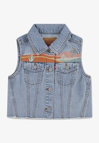 Ljusblå denimväst med krage, framfickor och broderad färgglad landskapsdesign med växter och abstrakta former.