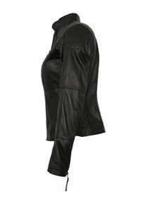 Schwarze Lederjacke mit hohem Kragen, strukturierten Schultern, gesteppte Akzente und Reißverschlussdetails an den Bündchen. Glatte Textur.