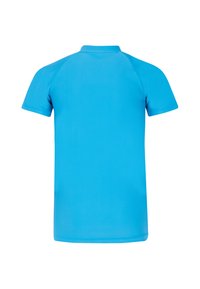 Kortärmad polotröja i klar blå färg. Tillverkad av ett slätt tyg, med en klassisk krage och rak nederkant. Inga mönster eller detaljer synliga.