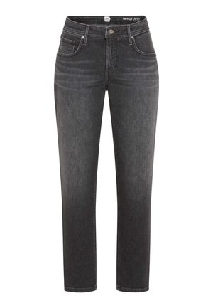 Schwarze Denim-Jeans mit geradem Bein, mittelhoher Taille und klassischer Fünf-Taschen-Optik. Dezente Waschungseffekte vorne.