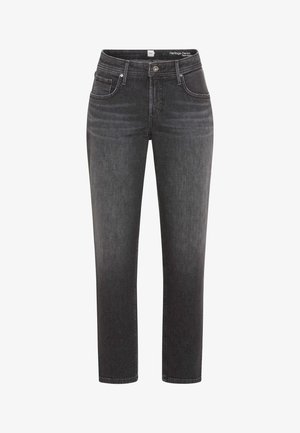 Black denim jeans with a straight-leg design, mid-rise waist, and classic five-pocket styling. Subtle whiskering detail at the front.