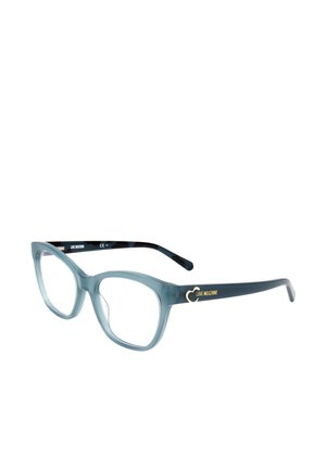 Occhiali da vista a forma di occhio di gatto translucidi blu con lenti trasparenti e scritta dorata "Love Moschino" sulle aste, su sfondo bianco.