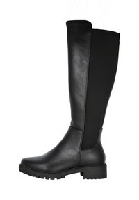Botas altas de mujer negras con parte delantera de cuero, parte trasera de tejido elástico, tacón bajo y suela resistente.
