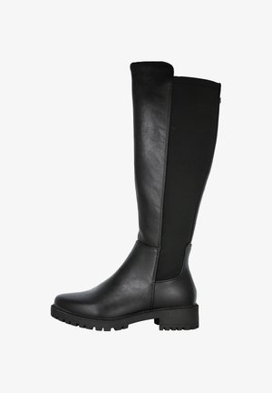 Botas altas de mujer negras con parte delantera de cuero, parte trasera de tejido elástico, tacón bajo y suela resistente.