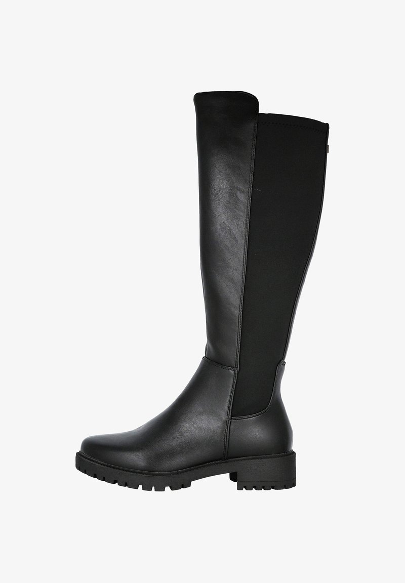 Botas altas de mujer negras con parte delantera de cuero, parte trasera de tejido elástico, tacón bajo y suela resistente.