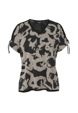 Damesblouse met korte mouwen en V-hals, voorzien van een zwart-beige abstract bloemmotief en verstelbare trekkoorden aan de mouwen.