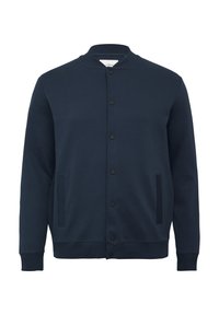 Marineblaues Sweatshirt-Jacke mit Stehkragen, Frontknöpfen und Seitentaschen. Aus weichem Stoff mit gerippten Bündchen und Saum gefertigt.