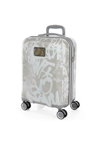 Maleta dura de color gris claro con patrón de graffiti blanco, asa retractable y cuatro ruedas negras con acentos plateados.
