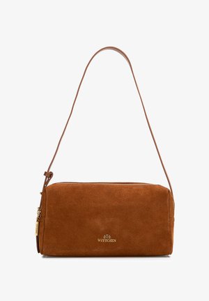 Hnědá semišová obdélníková kabelka se zlatým zipem, jedním ramenním popruhem a zlatým vyraženým logem Wittchen uprostřed přední strany.