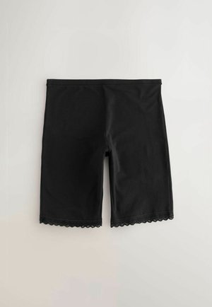 Schwarze Fahrradhosen aus glattem Stoff, mit einem Spitzenbesatz am Saum. Ausgestattet mit einem elastischen Bund für Komfort.