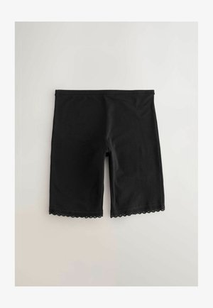 Czarne rowerowe szorty wykonane z gładkiej tkaniny, z koronkową lamówką na dole. Zaprojektowane z elastycznym paskiem w talii dla wygody.