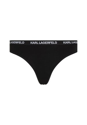 Čierne tangá s elastickým pásom, na ktorých sa opakuje biele logo "KARL LAGERFELD".