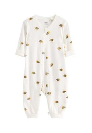 Hvid babyheldragt med lange ærmer og gule og sorte bieprint over det hele, med lynlåslukning foran.