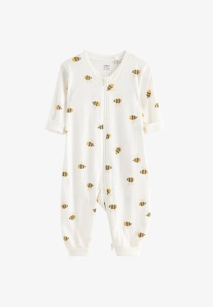 Fehér, hosszú ujjú babaruha, sárga és fekete méh mintákkal az egész ruhán, elöl cipzáras záródással.