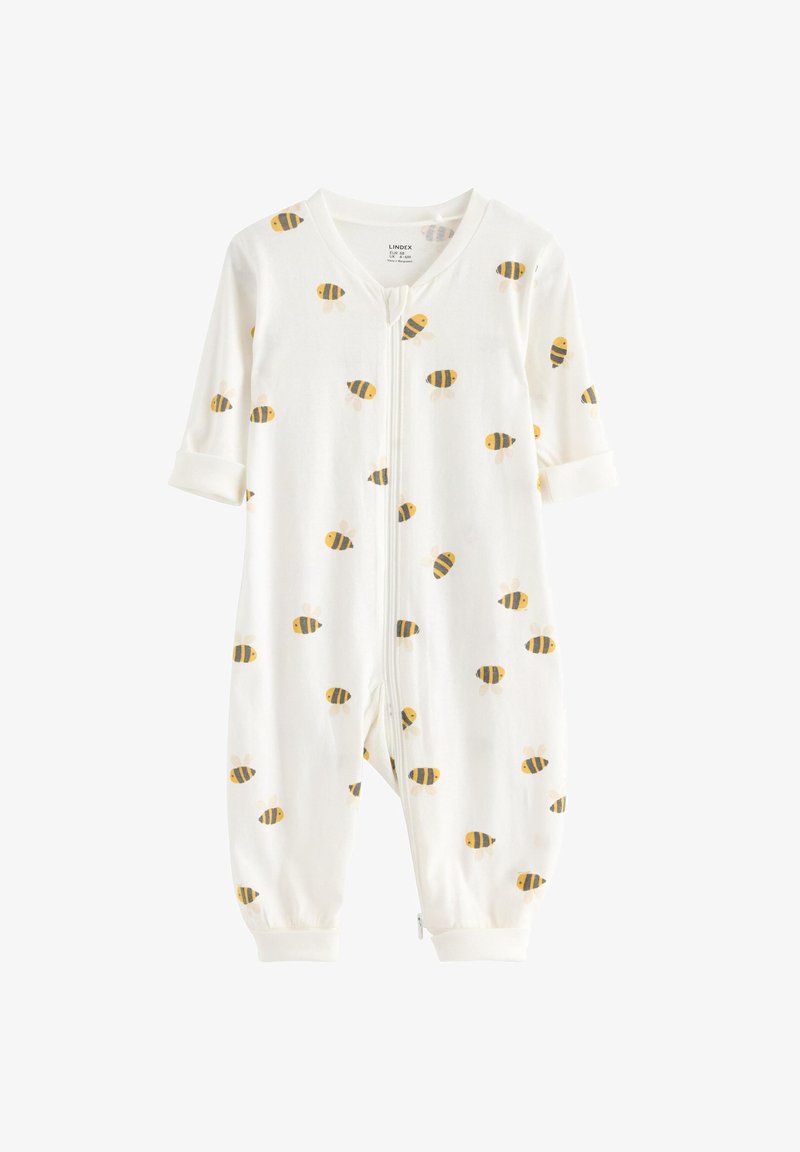Λευκό βρεφικό φορμάκι με μακριά μανίκια και σχέδια με κίτρινες και μαύρες μέλισσες σε όλο το ρούχο, με φερμουάρ στο μπροστινό μέρος.