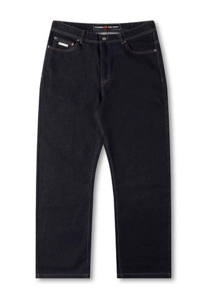 Donkerblauwe denim jeans met rechte pijpen, knoopsluiting, vijf zakken en contrasterende stiksels.