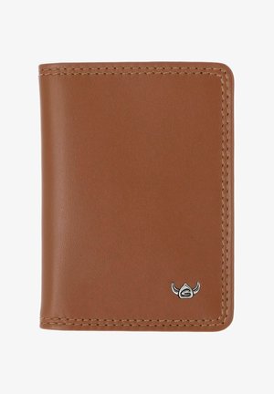 Brown leather wallet with visible stitching and a small silver Viking helmet emblem in the bottom right corner.