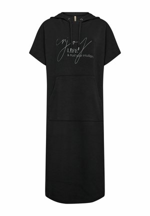Fekete kapucnis ruha rövid ujjal, elülső zsebbel és fehér írással nyomtatott üzenettel. Puha anyag, laza fazon.