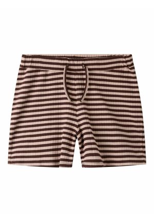 Shorts en maille côtelée à rayures horizontales marron et beige avec taille élastique et cordon central.